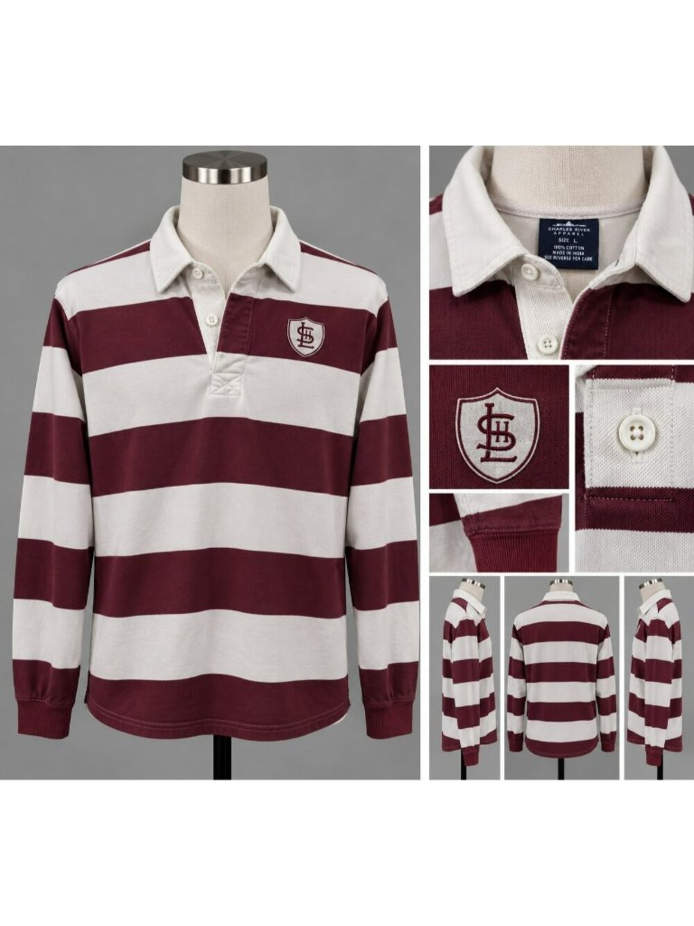 Vintage Charles River Apparel Rugby Shirt Mens Large Red White Stripe Varsity